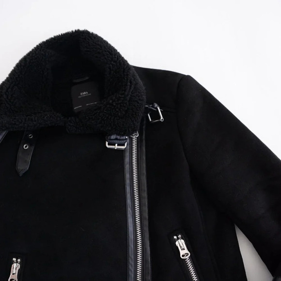Zara Black Faux Shearling Bomber  Moto Jacket Small - Picture 8 of 16